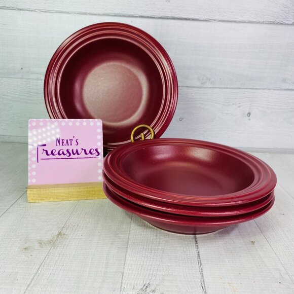 Pfaltzgraff TERRACE RASPBERRY  Embossed Rings Stoneware Rimmed Soup Bowls Set 4 - Picture 1 of 11
